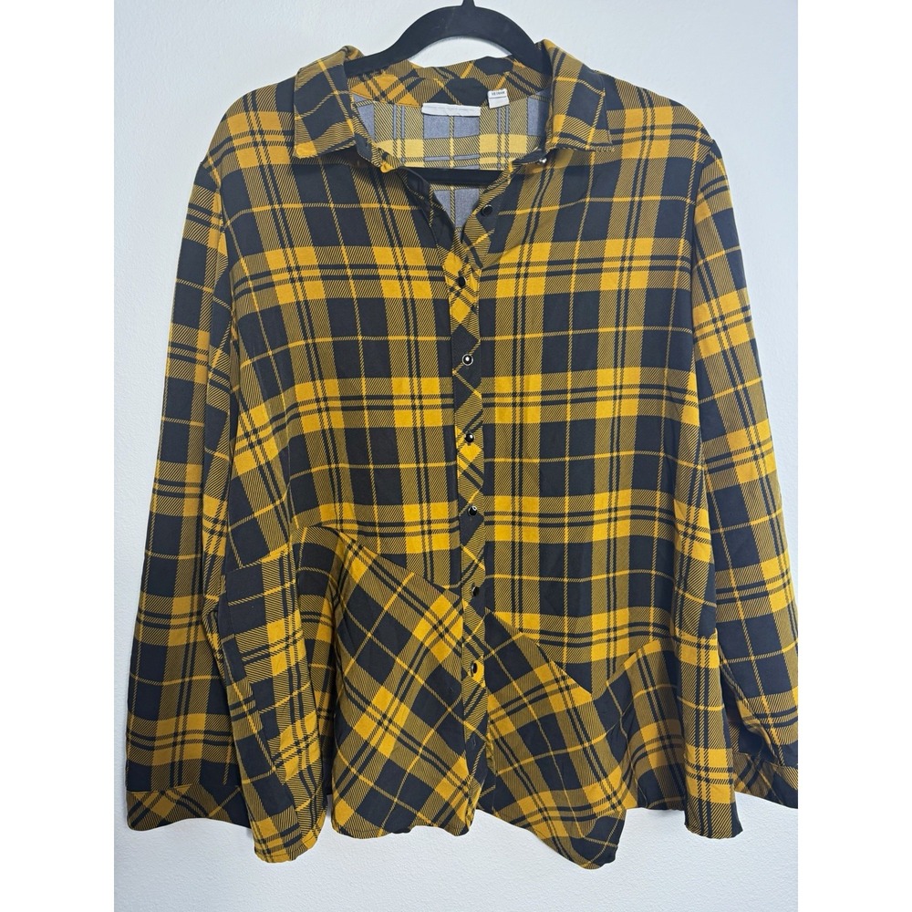 Susan Graver Womens Size L Yellow/Black Plaid Woven Button Front Collared Top